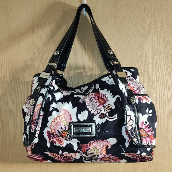 Franco Sarto Handbags - Franco Sarto Black and Pink Floral Shoulder Bag